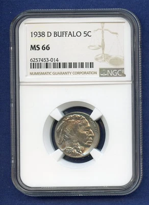 1938 D NGC MS66 Buffalo Nickel 5c US Mint Coin 1938-D MS-66 Blueberry Obv - Image 1 of 3