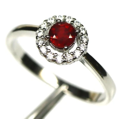 925 Sterling Silver 4 mm. Red Ruby & Zircon Jewelry Ring Size 8.75 White Gold - Image 1 of 4