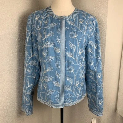 Chaqueta de algodón Charter Club nueva con etiquetas para mujer PL azul blanco bordado floral Foto 1 de 4