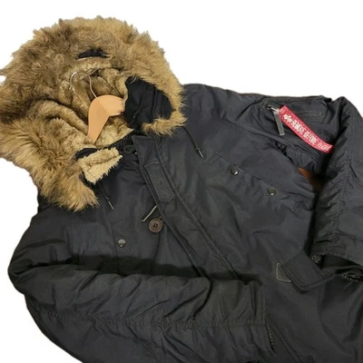 Alpha Industries Faux Fur Zip Button Hood Coat Jacket Military Black Sz M Men - Image 1 of 4