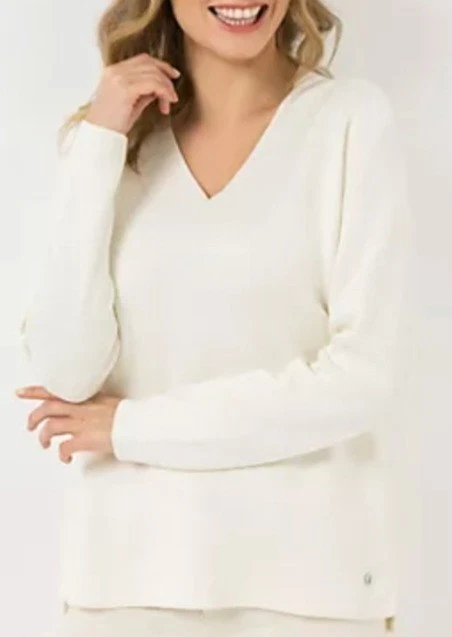 STRANDFEIN Pullover V-Ausschnitt Seitenschlitze figurumspielend Gr.42 Offwhite  - Bild 1 von 1