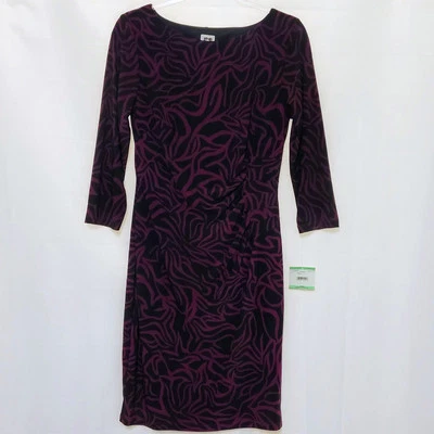 NWT Anne Klein Eggplant & Black Sheath Dress Shirred Waist Knee Length Size 8 - Image 1 of 4