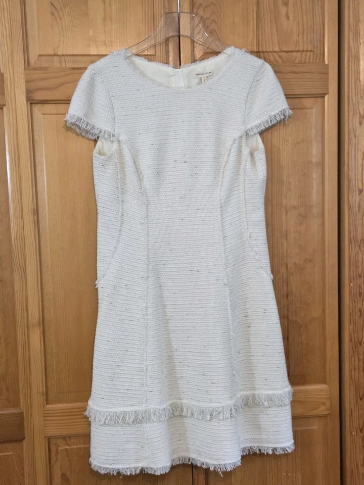 Rebecca Taylor Womens Dress 10 Fringe Tweed Shift Ivory Metallic - Image 1 of 4