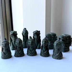 Crushed Green Malachite Stone Aztec Mayan Mexican Figurines Chess Pieces Mexico - Picture 1 of 11