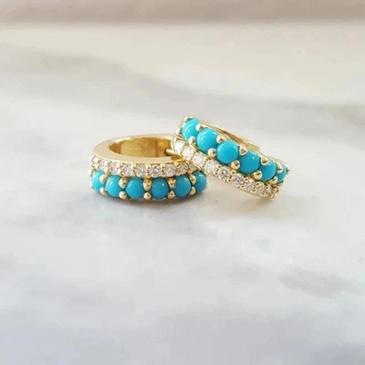 2.50Ct Lab-Created Turquoise Women's Huggie Hoop Earrings 14K Yellow Gold Plated - Image 1 of 3