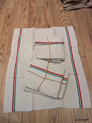 12 torchon ancien en métis ou coton damassé, liteaux rouge jaune et vert vintage - Photo 1/4