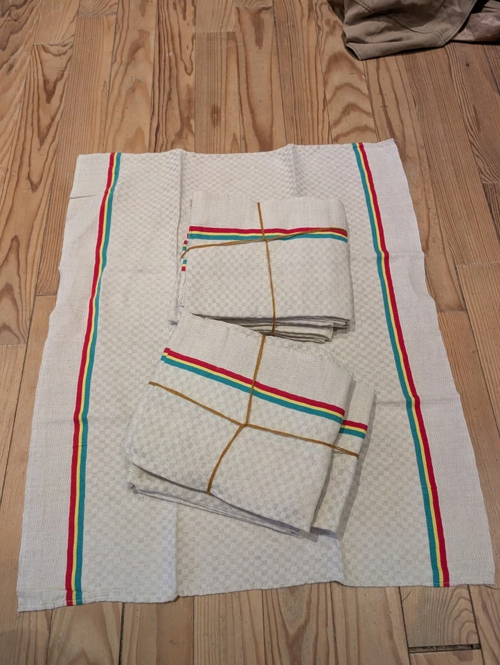 12 torchon ancien en métis ou coton damassé, liteaux rouge jaune et vert vintage - Photo 1/4