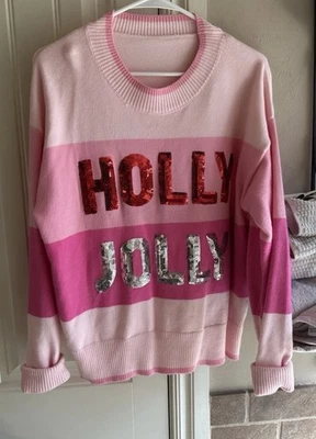 Suéter lantejoulas gola redonda manga longa listra rosa azevinho Natal tamanho M - Imagem 1 de 4