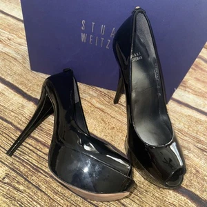 600 $ Stuart Weitzman 4" Plateau schwarz Lackleder PUMPS Plateau ABSÄTZE 9M - Bild 1 von 12