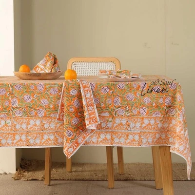 Floral Block Print Dining Room Table Cover Boho Cotton Kitchen Decor Tablecloth - Image 1 of 4