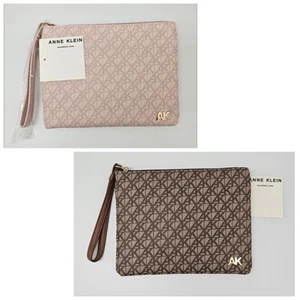ANNE KLEIN Repeat Logo Wristlet Pouch 9" x 7" Lined w Side Pocket Inside Zipper - Picture 1 of 9