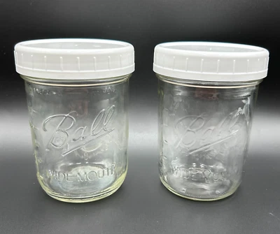 Lot of 2 Ball Wide Mouth Glass Mason Jar w White Plastic Lids 400ml, 12 oz Each - Image 1 of 4