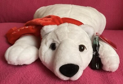 Coca Cola Laying Polar Bear In Scarf With Bottle Soft Toy Plush 13” Tag - Image 1 of 4