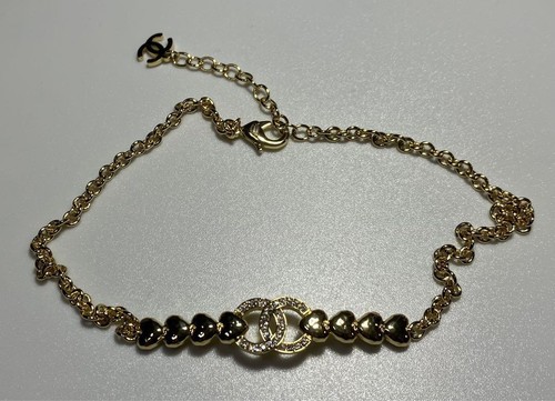 Collana Chanel Coco Mark Cuore Choker Catena Strass Logotipo Oro Donna