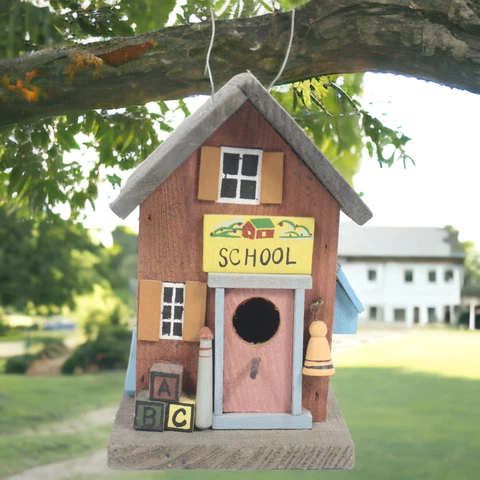 Wooden Schoolhouse Birdhouse 6in Hanging Cardinal's, Robins, Blue Jay's, Etc Cover