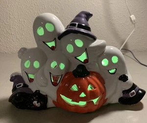 Ceramic Halloween Ghosts Pumpkin W\ Blinking Colored Lights Decoration Vintage - Picture 1 of 13