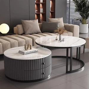 Black Coffee Table Round Set of 2 Nesting Coffee Table for Living Room - Picture 1 of 7