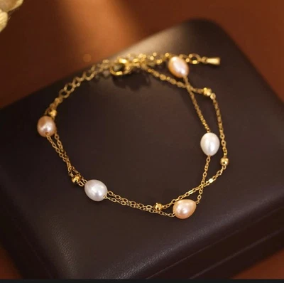 Delicadas pulseras naturales de perlas de agua dulce chapadas en oro de acero inoxidable minimalistas Foto 1 de 4