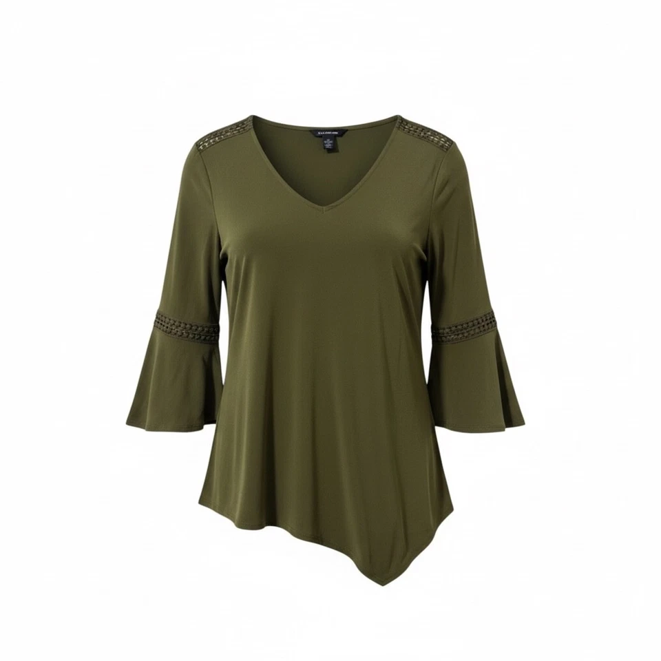 Top para mujer New Directions verde oliva manga campana talla grande dobladillo asimétrico Foto 1 de 4
