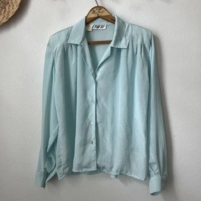 80-х аква креп шифоновое блузка со складками плечи кнопка длинным рукавом секретарь L - Изображение 1 из 4