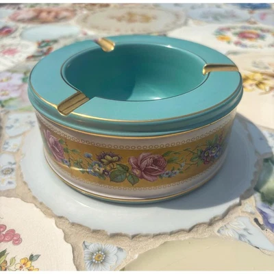 Cenicero vintage florentino de cerámica: verde azulado y dorado floral, pintado a mano Italia Foto 1 de 4