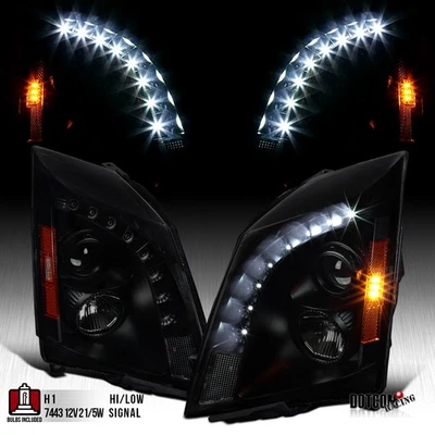 Black/Smoke Fit 2008-2014 Cadillac CTS Projector Headlights Lamps w/ LED Strip - Image 1 of 4