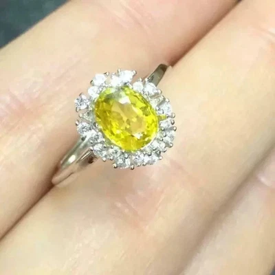 1.50 克拉椭圆形实验室创建的黄色蓝宝石光环结婚戒指 14K 镀白金 — 第 1/4 张图片