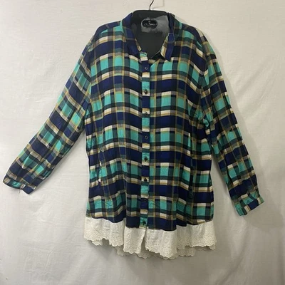 Umgee+Shirt Womens 1XL Plaid Lace Hem Button Front Tunic Boho Pockets - Image 1 of 4