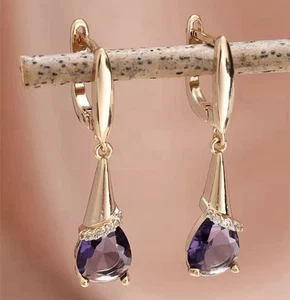 9ct Gold GF Purple Amethyst Crystal Teardrop Lever back Earrings FREE BOX(904) - Picture 1 of 7