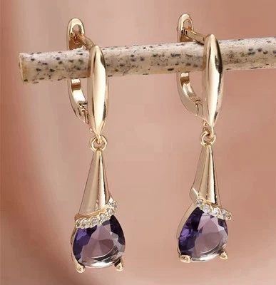 9ct Gold GF Purple Amethyst Crystal Teardrop  Lever back Earrings FREE BOX(904) - Image 1 of 4