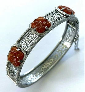 Antique Sterling Silver 925 3 Carved Carnelian Filigree Ladies Bracelet 7''  - Picture 1 of 12