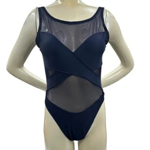Vintage Anne Cole Swim Suit 10 One Piece Navy Blue Sheer Panel Low Back USA - Picture 1 of 9