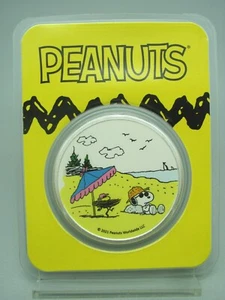 2021 Peanuts Snoopy and Woodstock at the Beach 1 oz Colorized Silver Round - Picture 1 of 4
