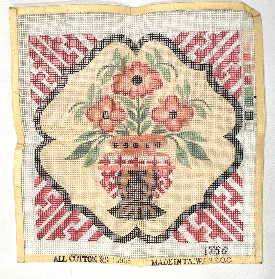 Hand Painted Cotton Needlepoint Canvas 12x12 inch Floral Design - Image 1 of 1