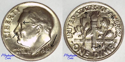 1982 P Roosevelt Dime - Missing Clad & Chips &  Abrasion + - Rare Mint Errors - Image 1 of 4