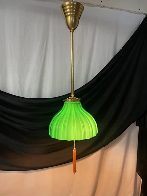 RESTORED Antique Vtg Victorian Art Deco Green Ribbed Glass Pendant Light 1920’s - Image 1 of 4