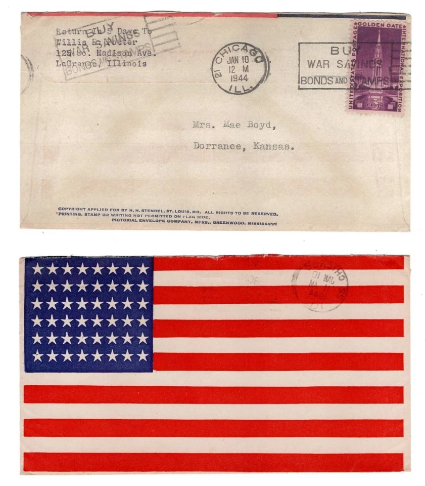 USA ~ 1944 All Over Flag Cover ~ Front & Reverse Chicago Cancel ~ Dorrance, KS. - Image 1 of 1