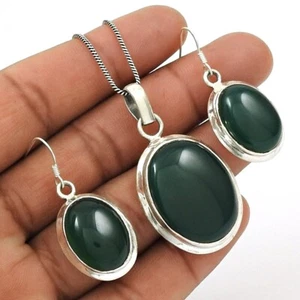 Natural Green Onyx Stone 925 Sterling Silver Earring Pendant Jewelry Set For Her - Picture 1 of 6