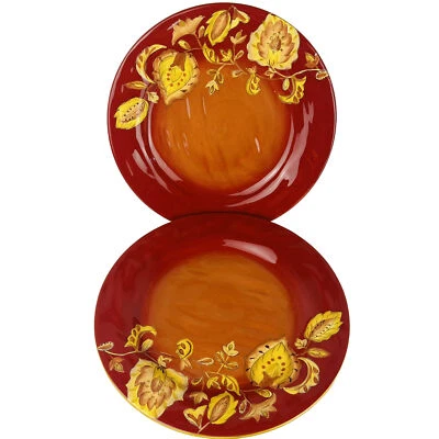(2) Laurie Gates Ware Dinner Plate Large 12” Fall Thanksgiving Golden Leaves - Image 1 of 4