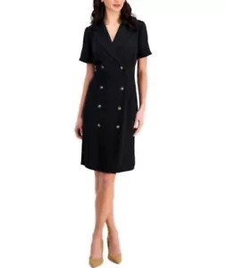 Connected Apparel Double Breasted Short-Sleeve Seath Dress Women’s 16 Black - Picture 1 of 9