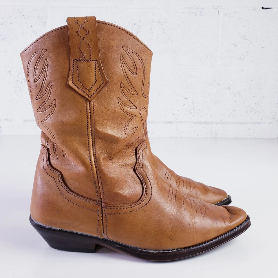 VTG Sandra Miller Womens 7.5 Leather Western Boots Tan Mid-Calf Embroidered - Image 1 of 4