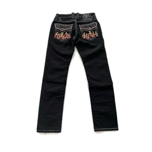 Rock Revival Jeans Quince Biker Black Denim Embroidered Flames Fire Mens Size 32 - Picture 1 of 9