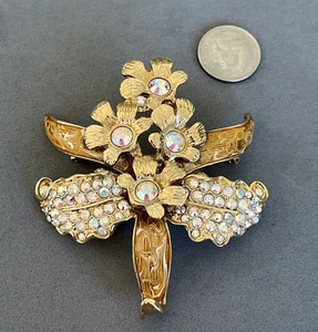 Vintage St. John SJ AB Rhinestone Gold Tone Enamel Orchid Flower Pin Brooch Mint - Picture 1 of 7