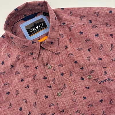 Orvis Mens Short Sleeve Button Up Shirt Salmon Fly Fish Print Active Fit - Image 1 of 4