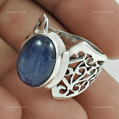 Anillo de plata maciza de piedras preciosas de cianita hecho a mano cóctel esposa joyería EE. UU. 8 Foto 1 de 4