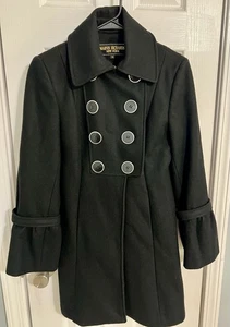 Vtg Marvin Richards Black Mid-Length Wool Winter Women's Pea Coat Petite Small - Picture 1 of 9