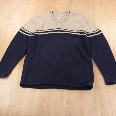 LL BEAN Rollo Cuello en V Centro Pecho Rayas Bloque de Color Algodón Suéter GRANDE Foto 1 de 4