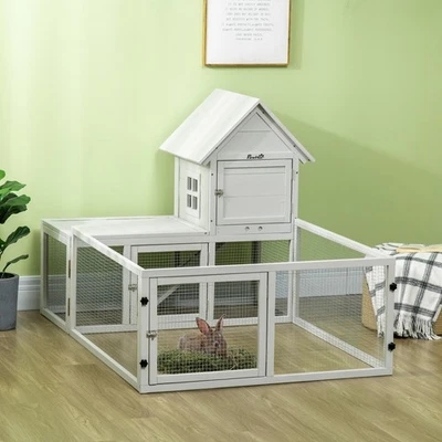 PawHut Rabbit Hutch, Guinea Pig Cage with Run & Tray, Indoor Use, Light Grey