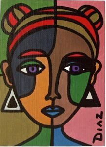 ACEO Picasso Woman Cubism Contempory Original Oil Painting Oxana Diaz 2.5 x 3.5"
