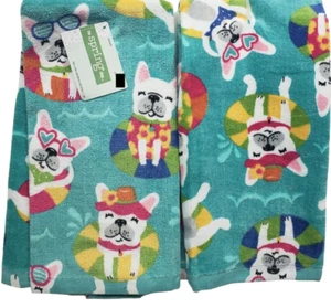 2 Same Cotton Kitchen Terry Towels (16"x26") DOGS,FLOATING FRENCHIE TOSS, Ritz - Picture 1 of 21